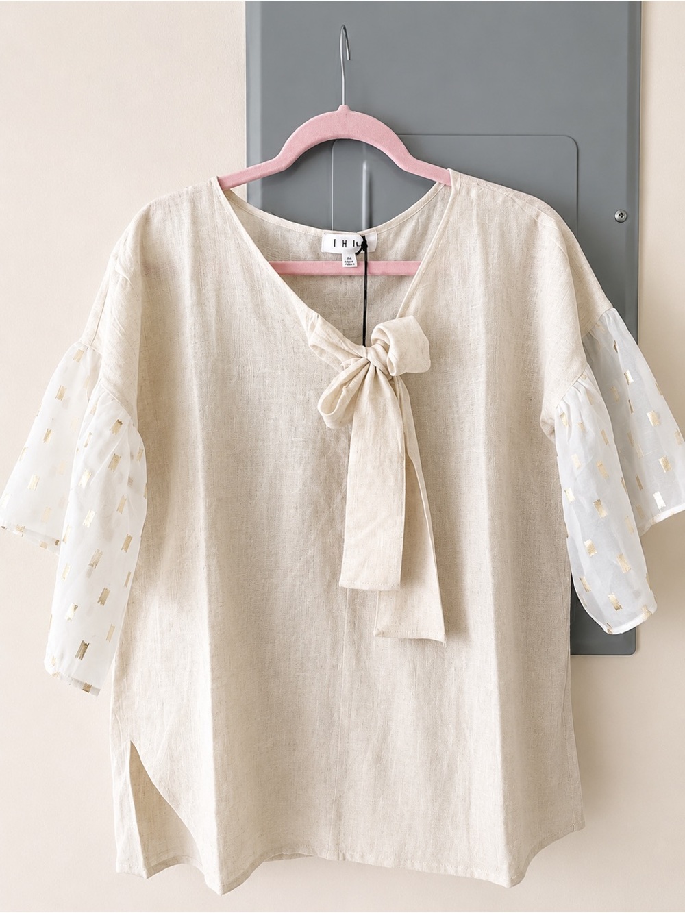 THML Cream Tie-Neck Linen-Blend Blouse with Sheer Gold-Accent Sleeves